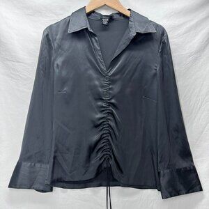 BCBG Max Azria Gray Blouse 95% Silk V-Neck Ruched Drawstring Long Sleeve  Size S